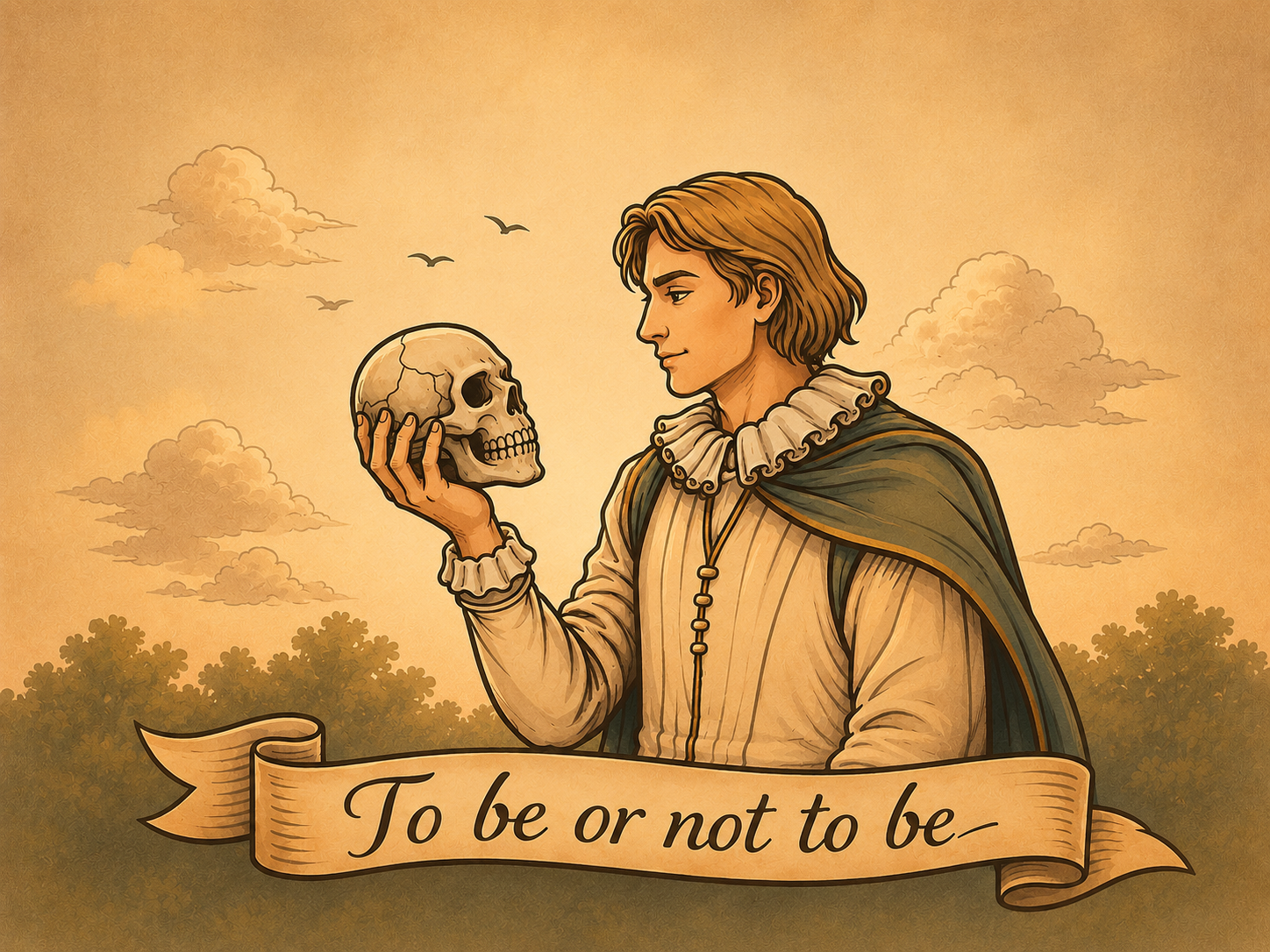 Illustration af Hamlet med et kranium og teksten 'To be or not to be–'