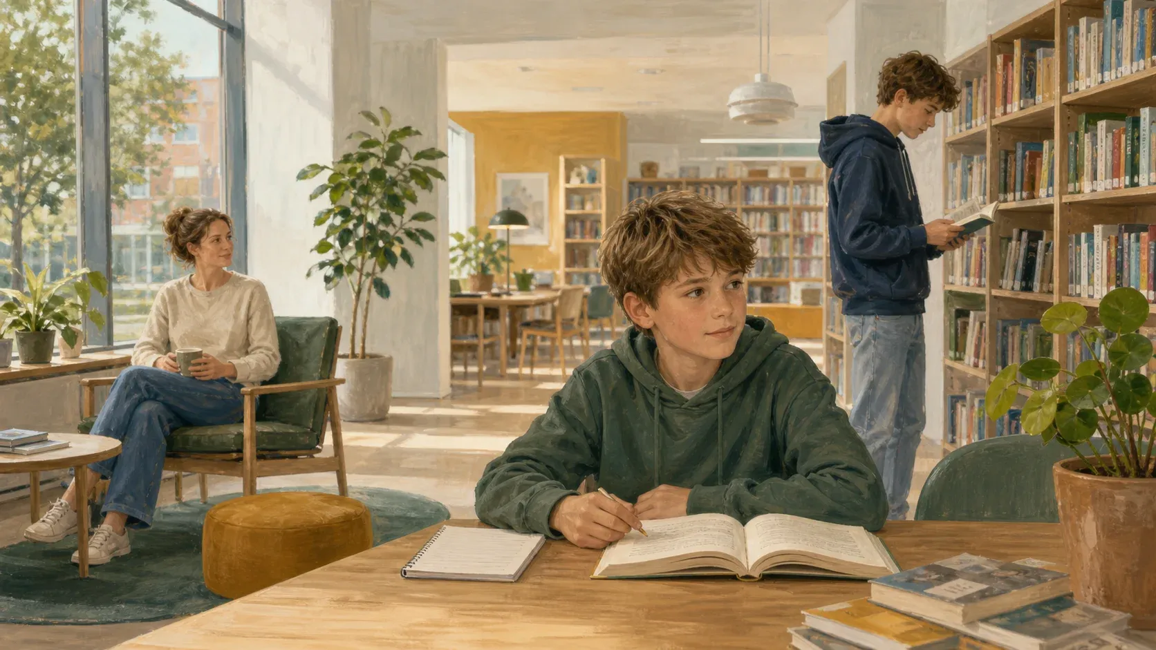 Et barn arbejder ved et bord på et lyst bibliotek, mens en ung læser ved en reol og en voksen sidder i nærheden.