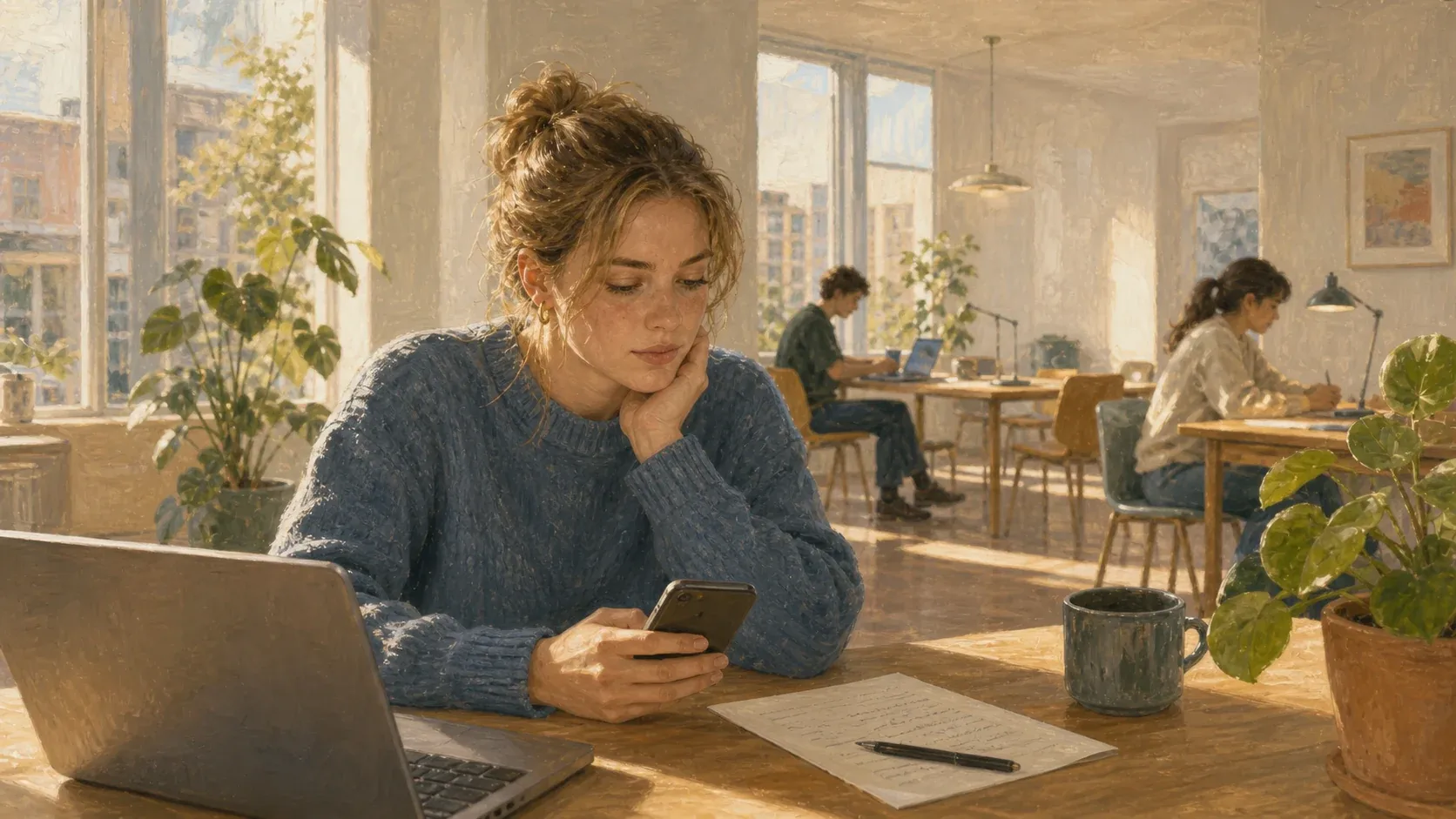 En ung kvinde sidder ved en computer og gennemgår en opgave og sin telefon på en lys arbejdsplads.
