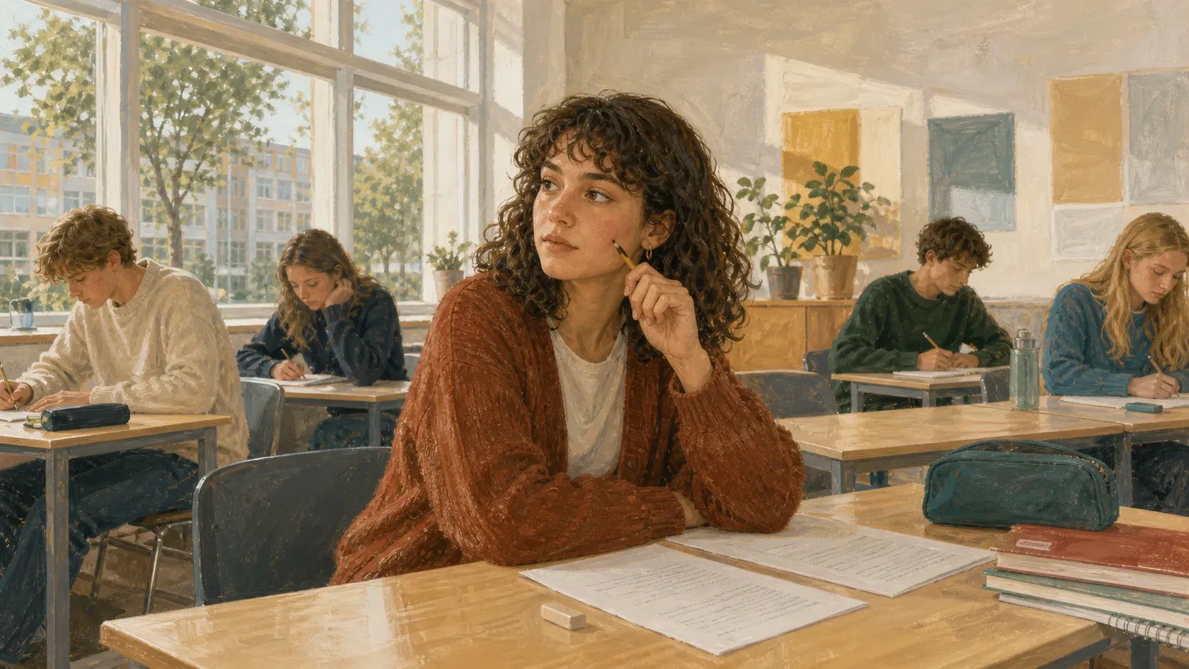 En gymnasieelev sidder med en skriftlig opgave i et lyst klasselokale.