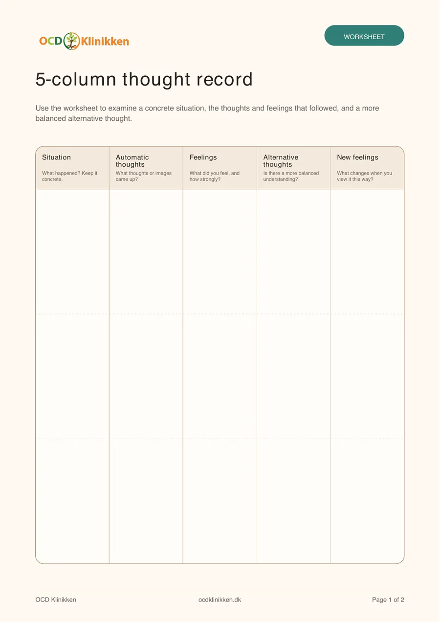 Preview of page 1 in the 5-column thought record PDF with a blank worksheet