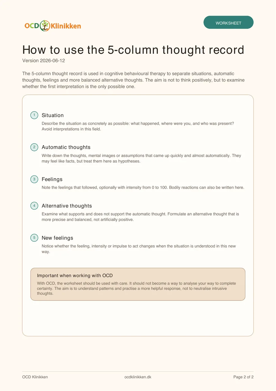 Preview of page 2 in the 5-column thought record PDF with guidance