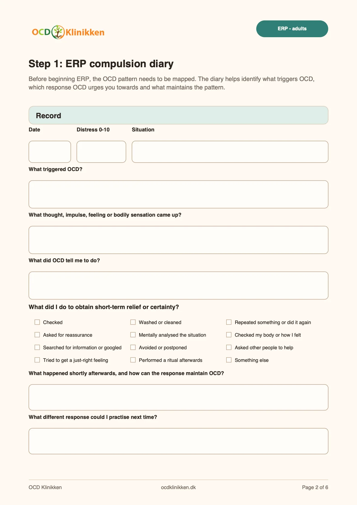 Preview of the ERP compulsion diary with fields for the trigger, OCD urge and response.