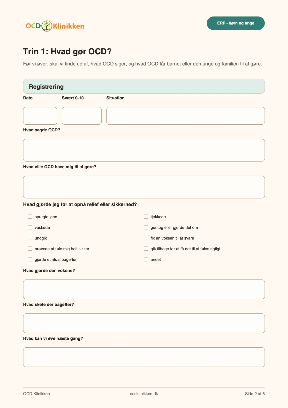 Forhåndsvisning af arbejdsarkets første registreringsside om hvad OCD gør.