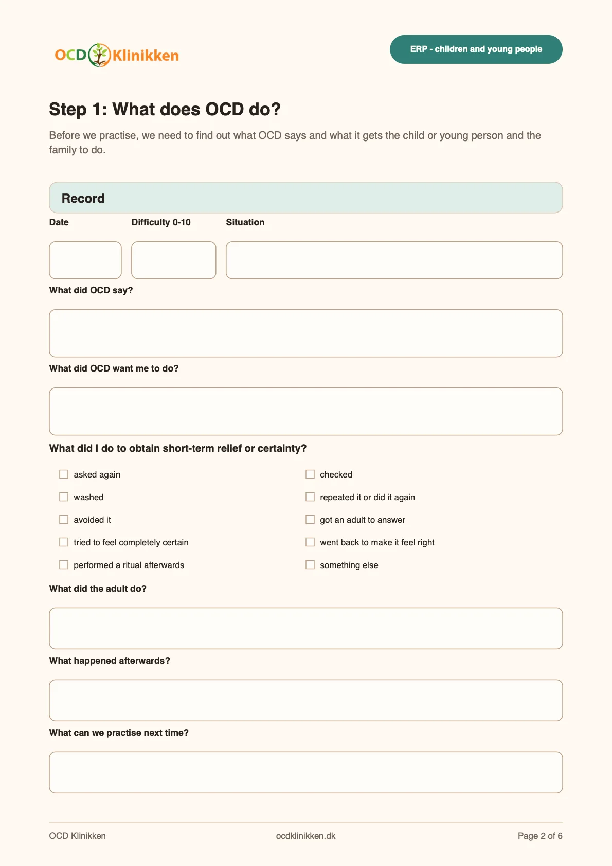 Preview of the worksheet's first record page about what OCD does.