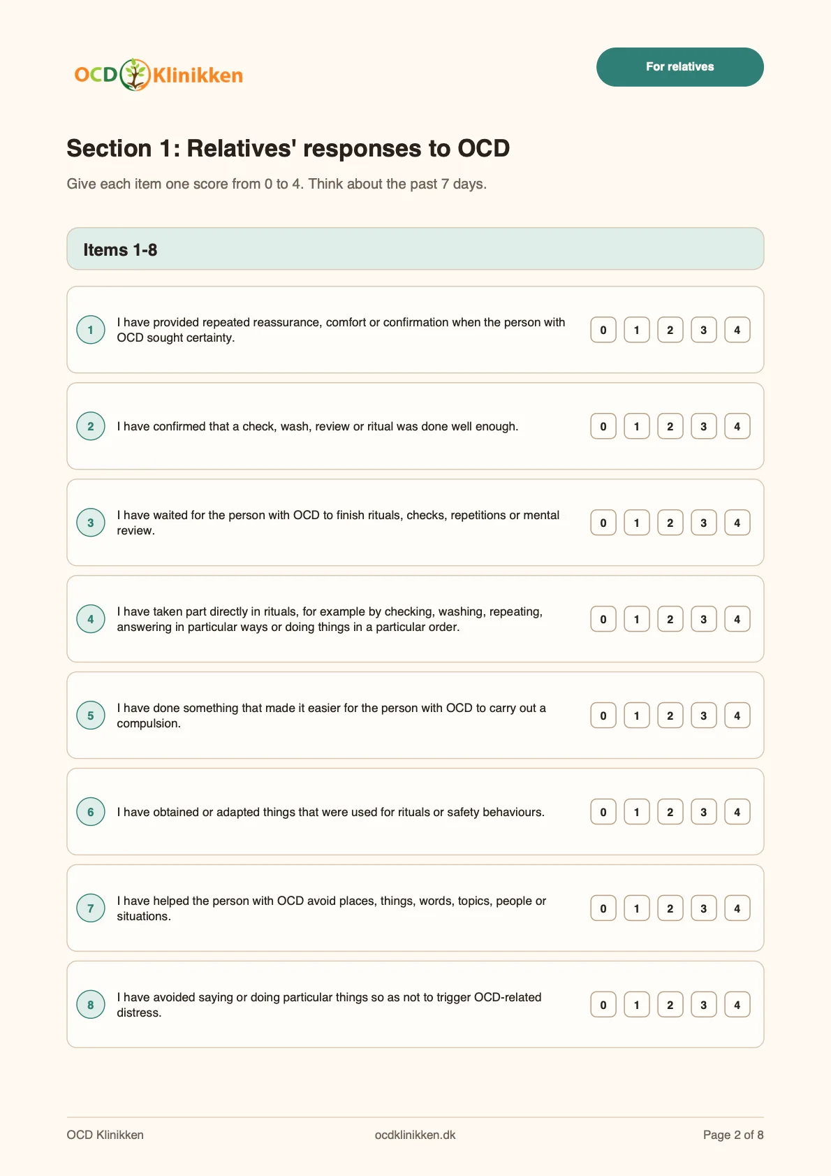 Preview of the scoring items in the family accommodation assessment form.