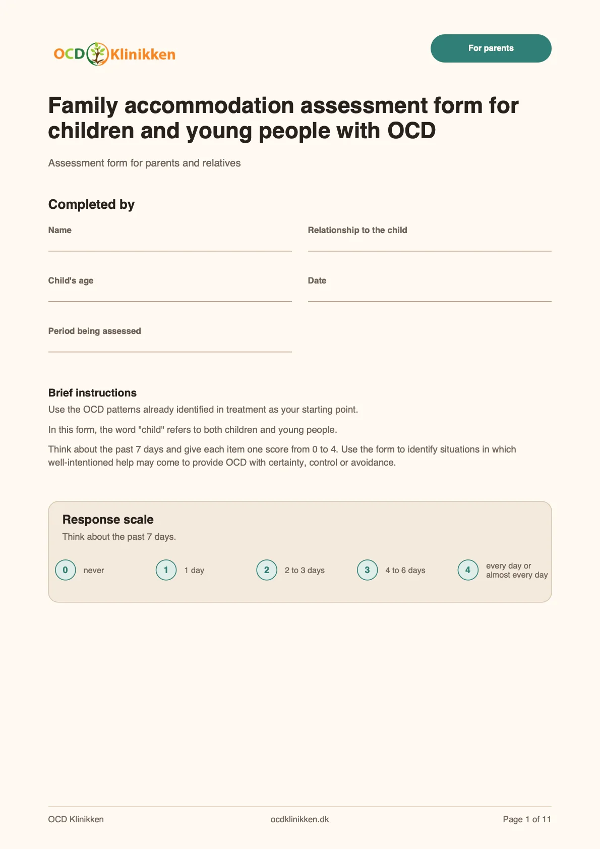 Preview of the cover of the family accommodation assessment form for children and young people with OCD.