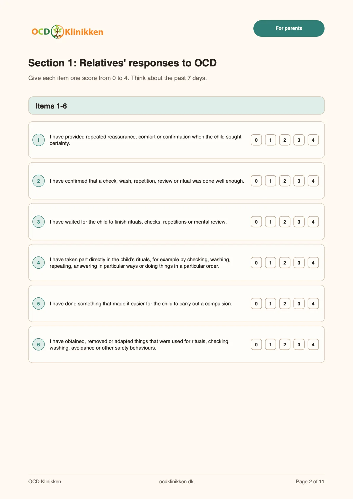 Preview of the scoring items in the family accommodation assessment form for children and young people.