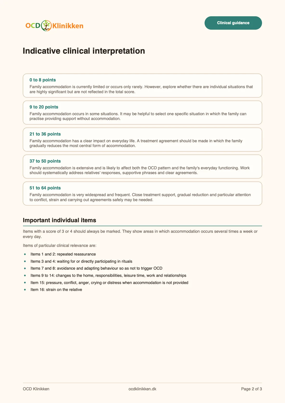 Preview of the clinical interpretation and important individual items.