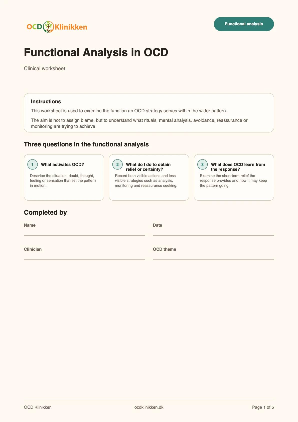 Preview of the cover page for the Functional Analysis in OCD worksheet