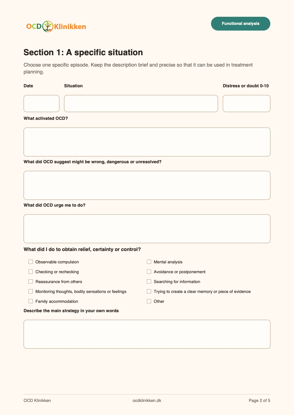 Preview of the functional analysis page with fields for a specific situation, OCD pressure and strategies