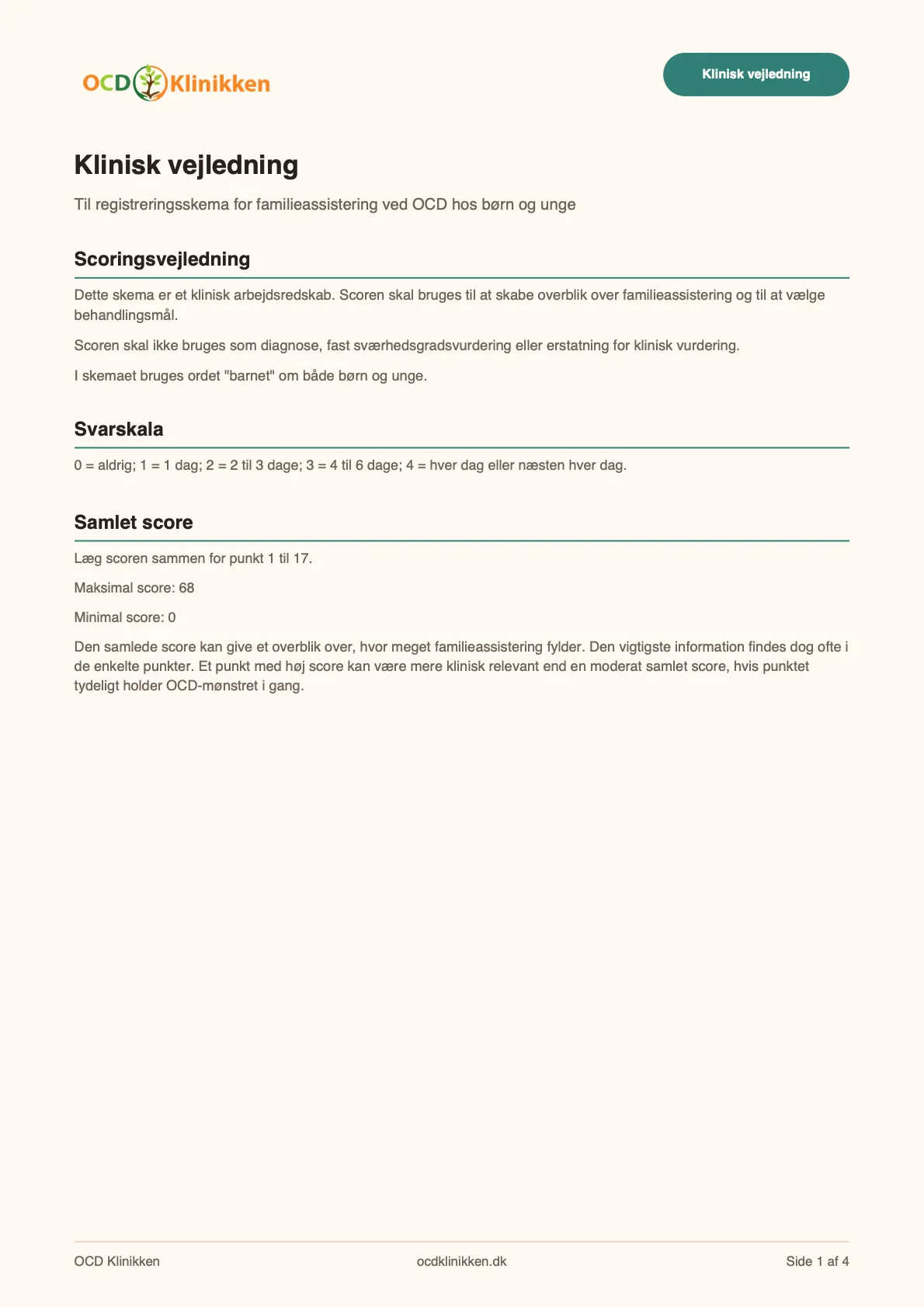 Forhåndsvisning af scoringsvejledning til registreringsskema for familieassistering ved OCD hos børn og unge.