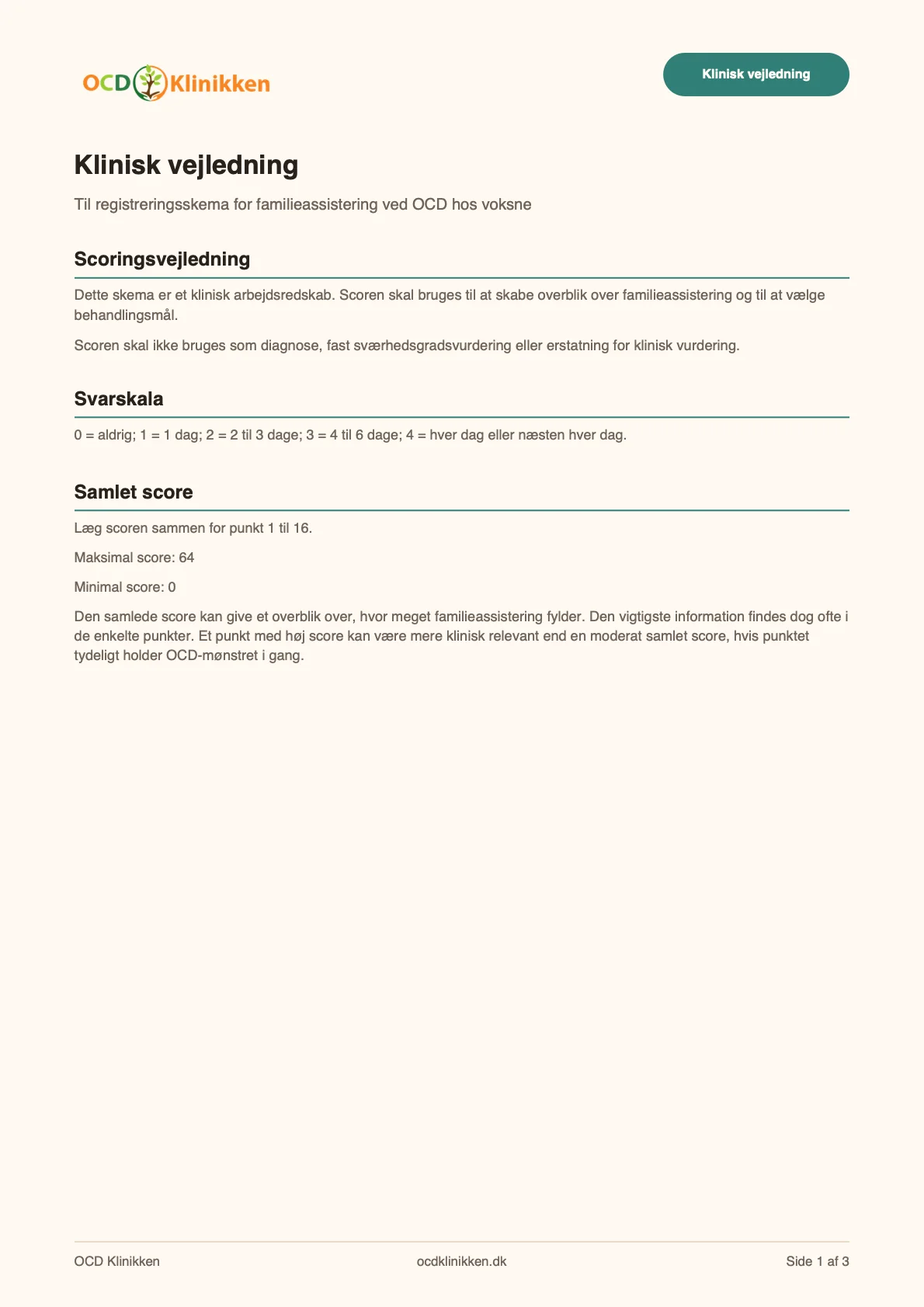 Forhåndsvisning af scoringsvejledning til registreringsskema for familieassistering.