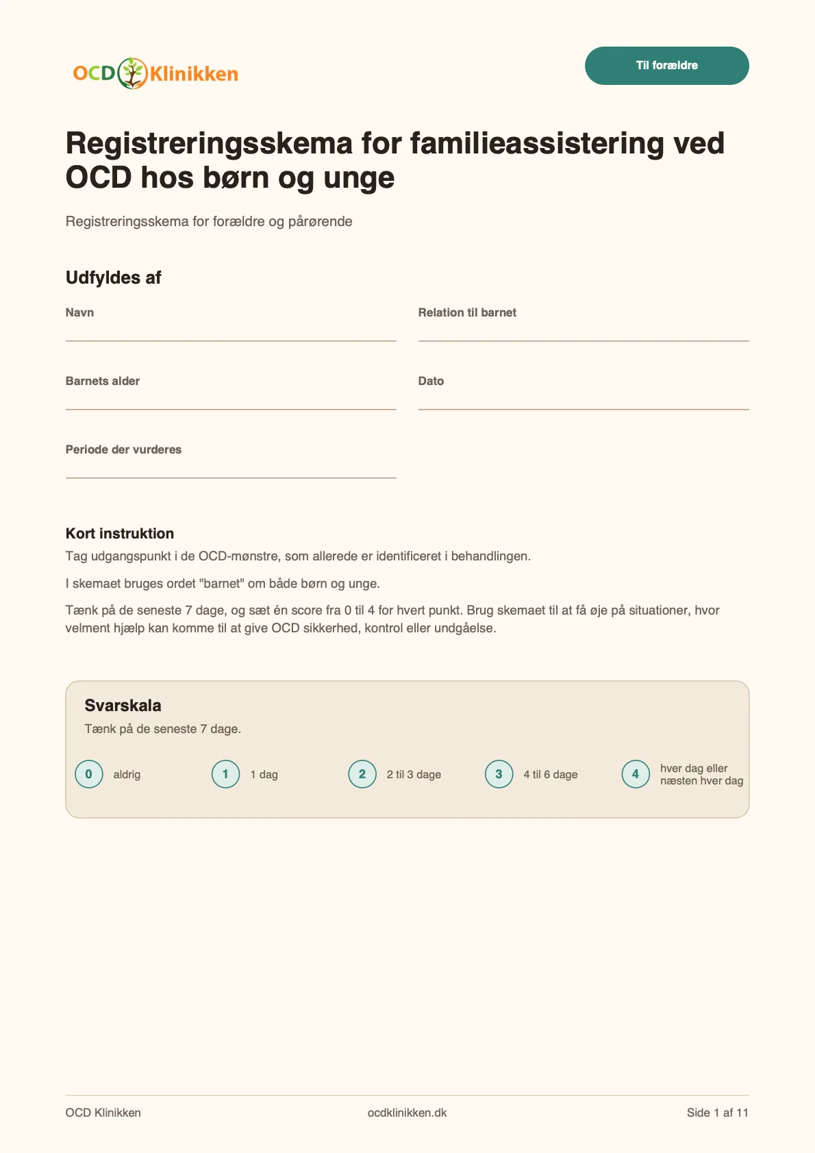 Forhåndsvisning af forsiden til registreringsskema for familieassistering ved OCD hos børn og unge.