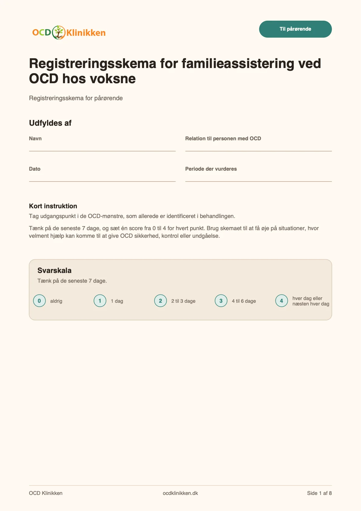 Forhåndsvisning af forsiden til registreringsskema for familieassistering ved OCD hos voksne.