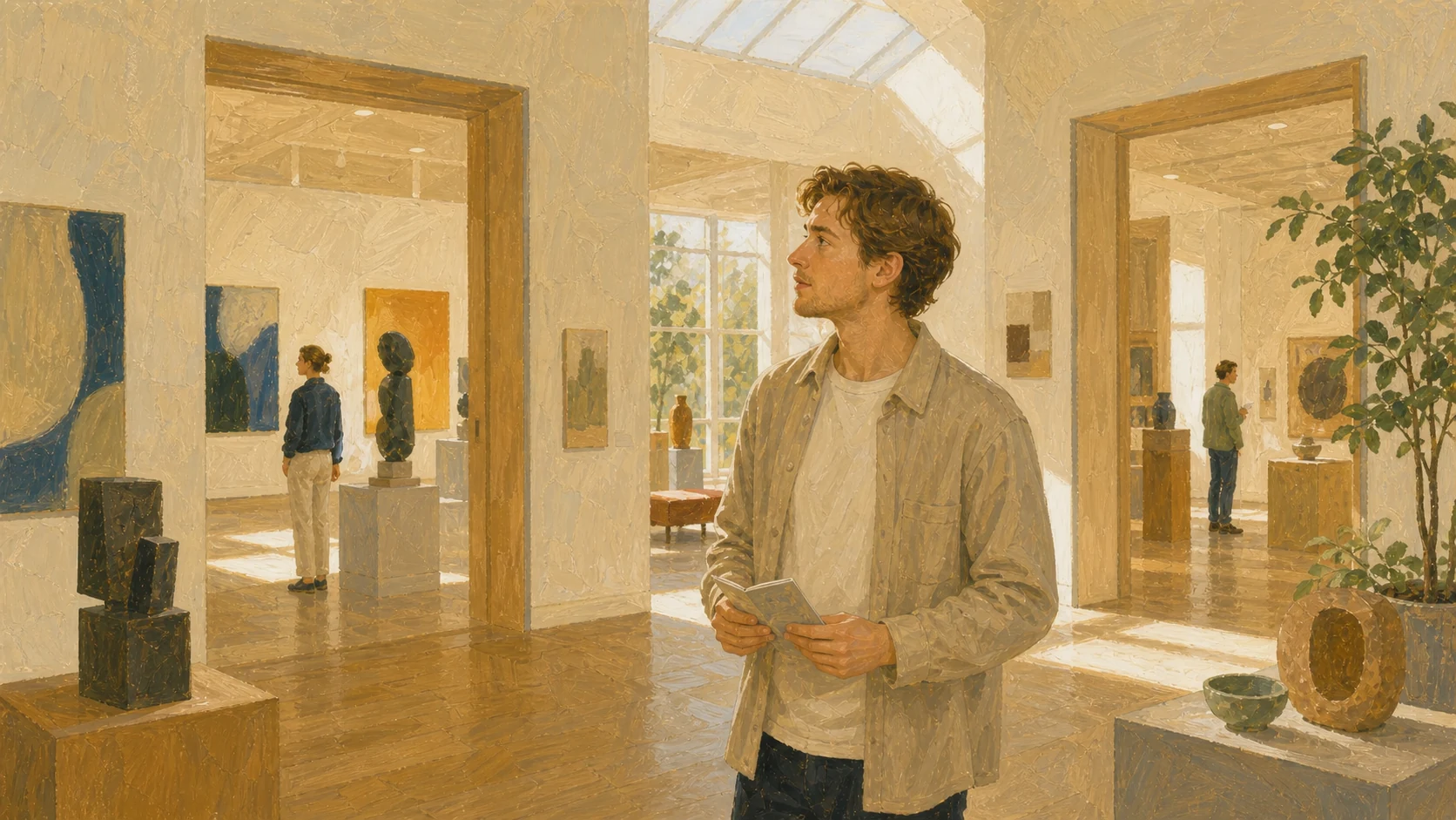 A young man explores collections in a bright museum with several connected galleries