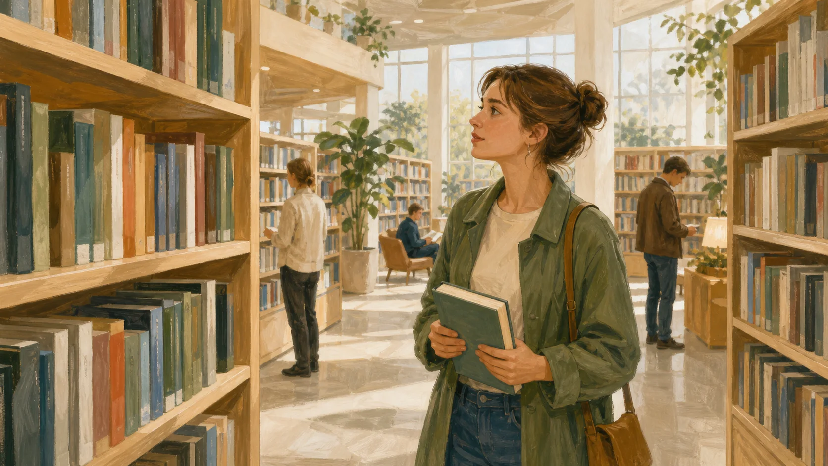 En yngre kvinde orienterer sig i samlingen på et lyst bibliotek.