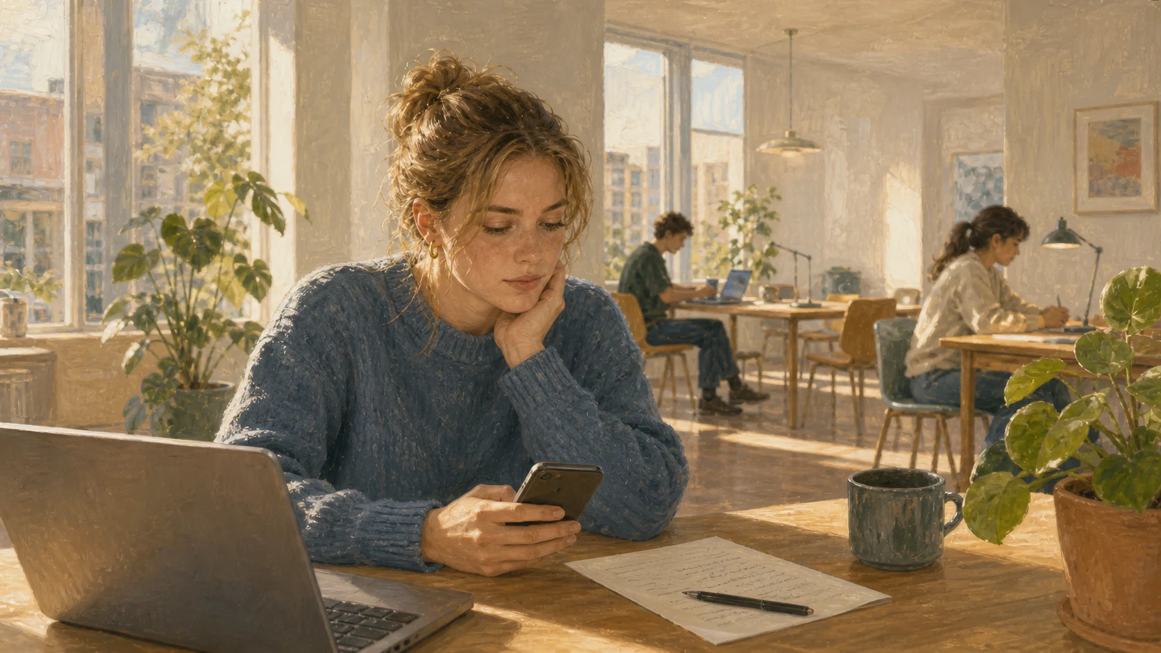 En ung kvinde sidder ved en computer og gennemgår en opgave og sin telefon på en lys arbejdsplads.