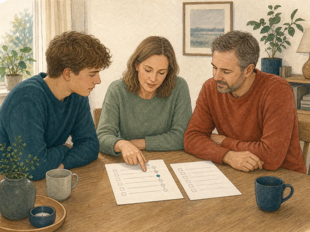 Three family members sit at a table and work on a shared plan.