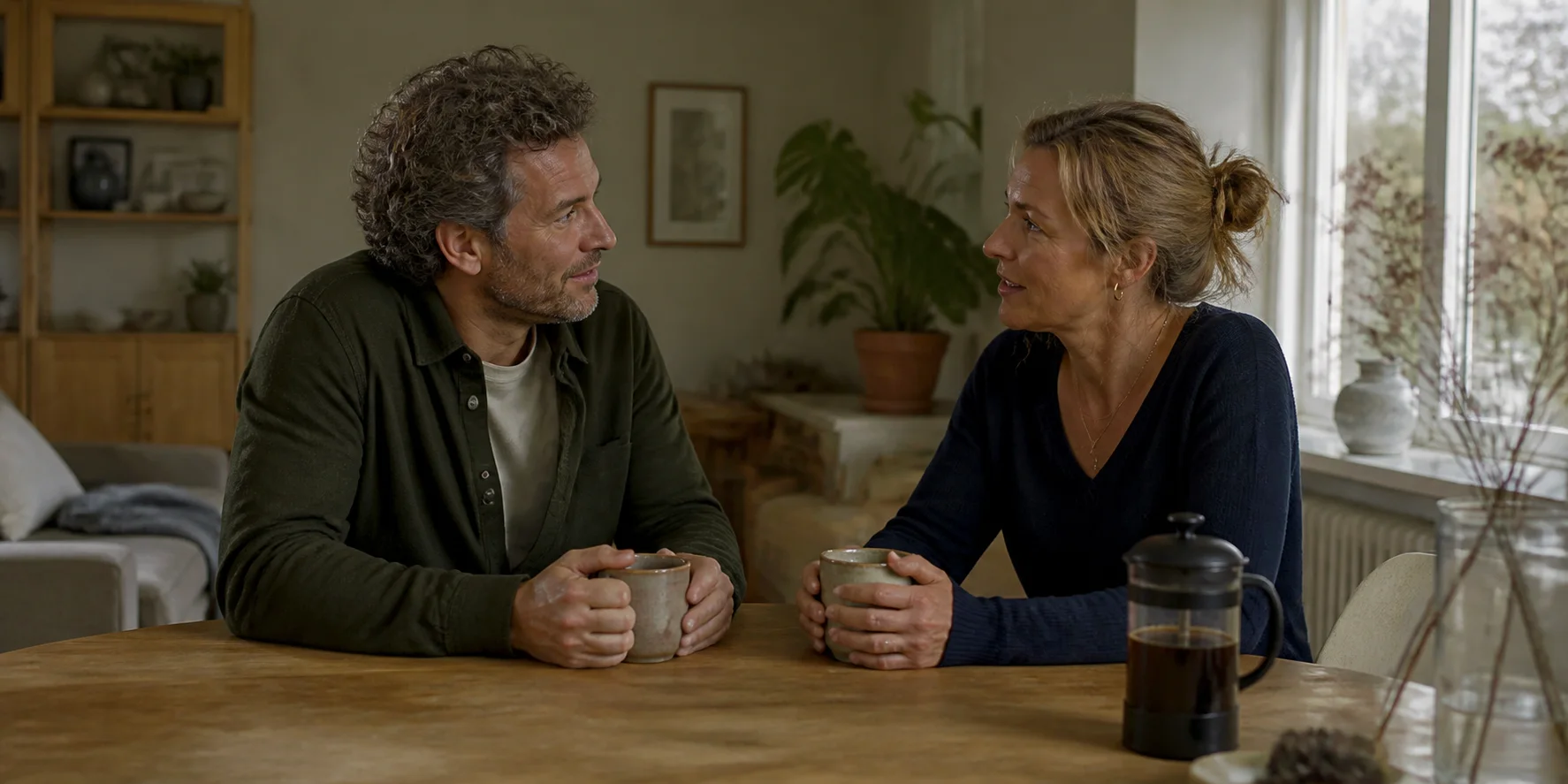 Two adult partners talk together at a table in their home.