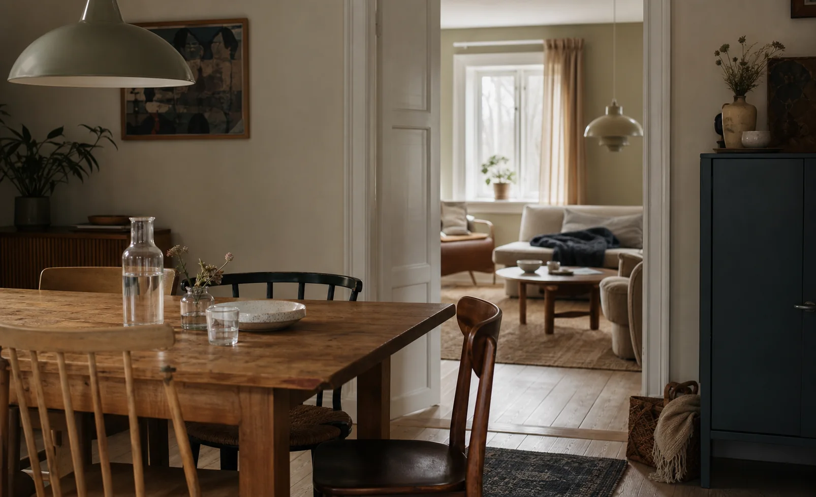 Spisestue og stue i et hjem med flere pladser omkring bordet.