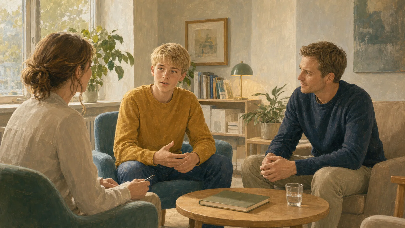 En dreng deltager i en samtale med en fagperson, mens hans far sidder ved siden af.