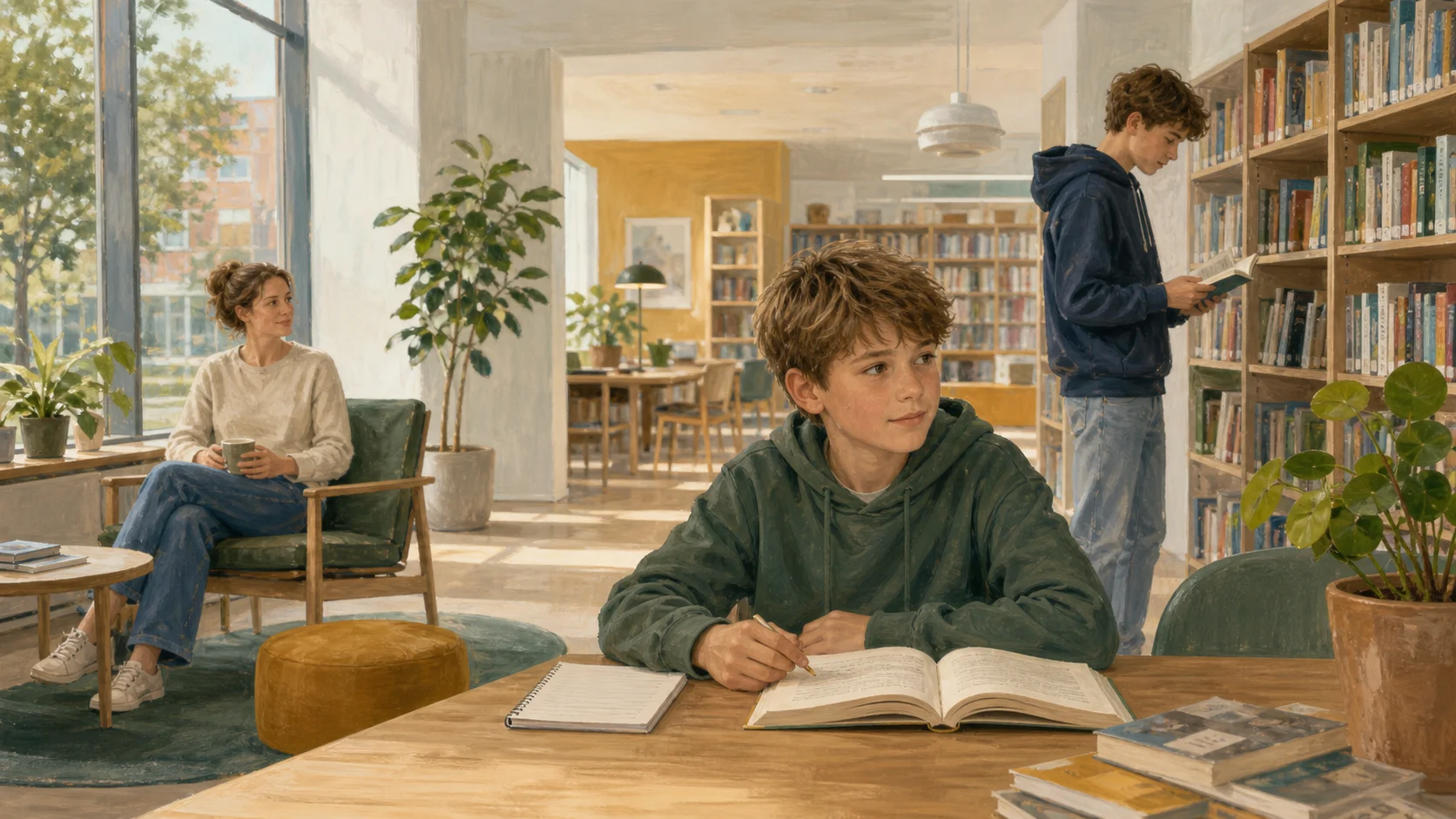 Et barn arbejder ved et bord på et lyst bibliotek, mens en ung læser ved en reol og en voksen sidder i nærheden.