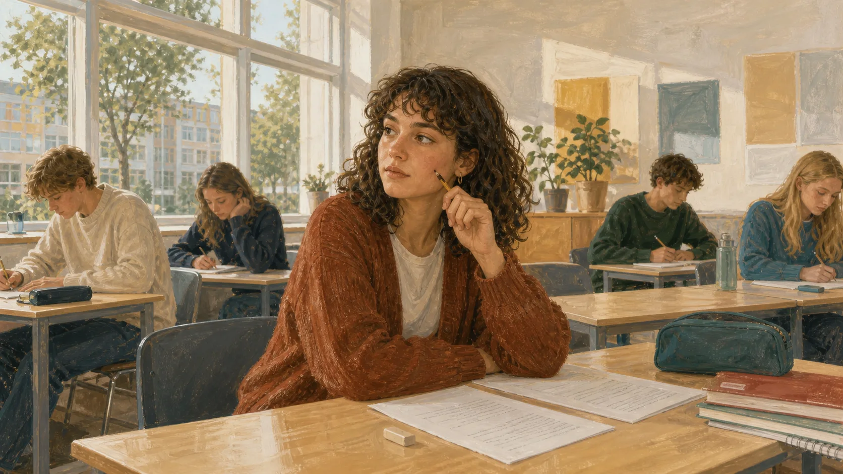 En gymnasieelev sidder med en skriftlig opgave i et lyst klasselokale.