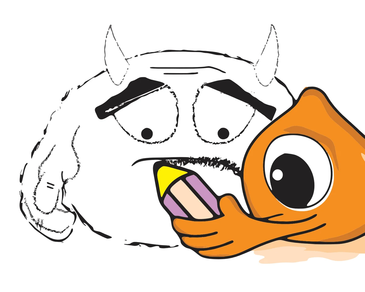 Illustration af Hopla og Grumme med en blyant